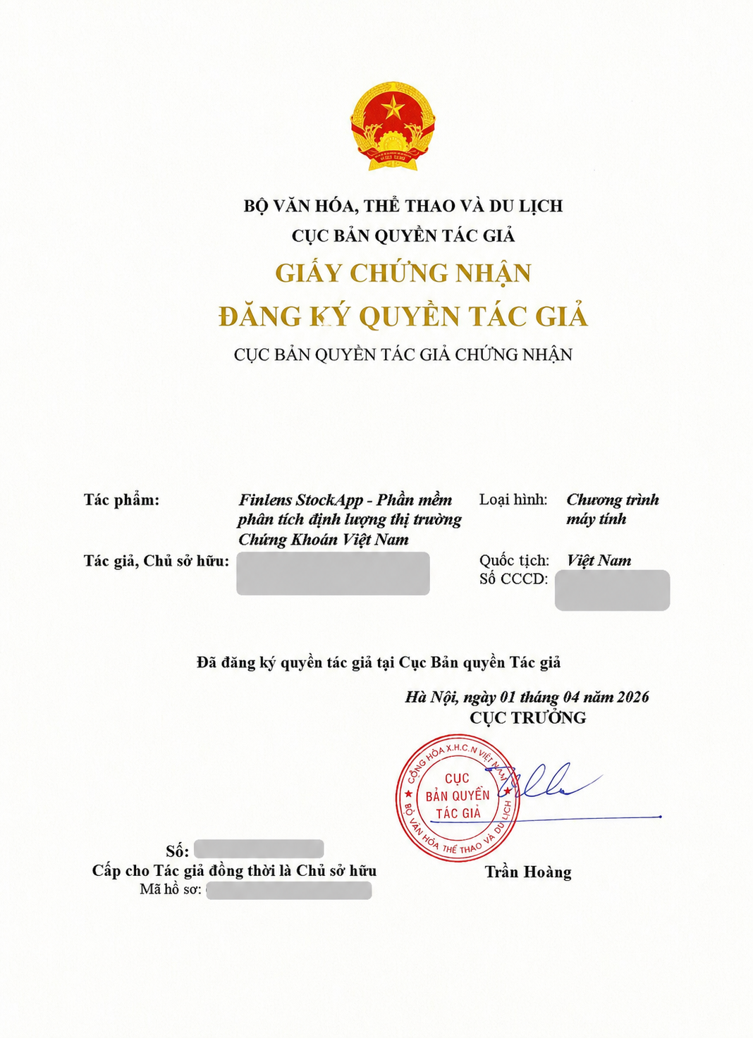 Preview giấy chứng nhận đăng ký quyền tác giả Finlens Quant đã che thông tin nhạy cảm